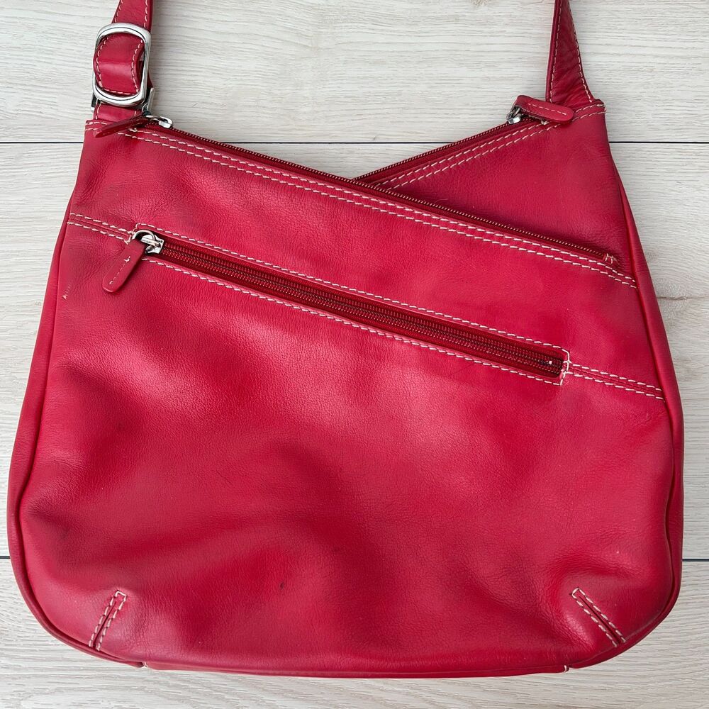 Ili New York Red Leather 3 Compartment Leopard Print Lining Crossbody Bag Purse